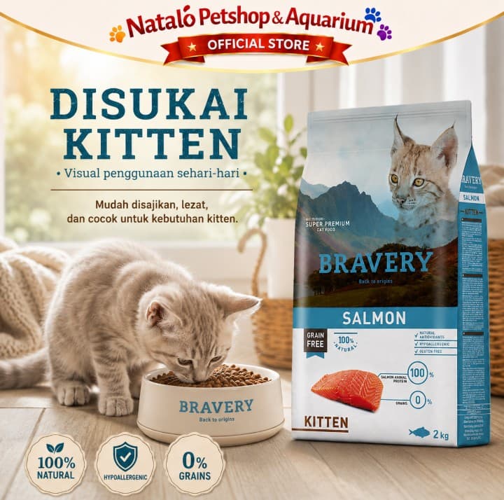 Bravery Kitten Salmon 2KG Grain & Gluten Free Super Premium Dry Cat Food Makanan Kering Anak Kucing 2 KG rasa Ikan Salmon Hypoallergenic - gambar 5