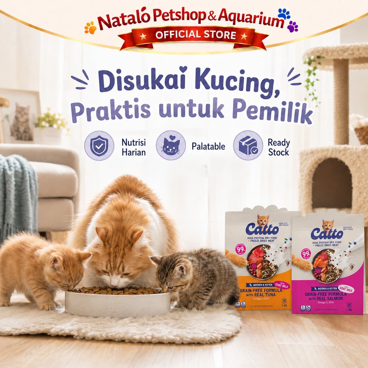 Catto High Protein Dry Mother & Kitten Cat Food + Freeze Dried Meat Grain Free Formula 1KG - Makanan Kering Anak dan Ibu Kucing Premium 1 KG - gambar 6