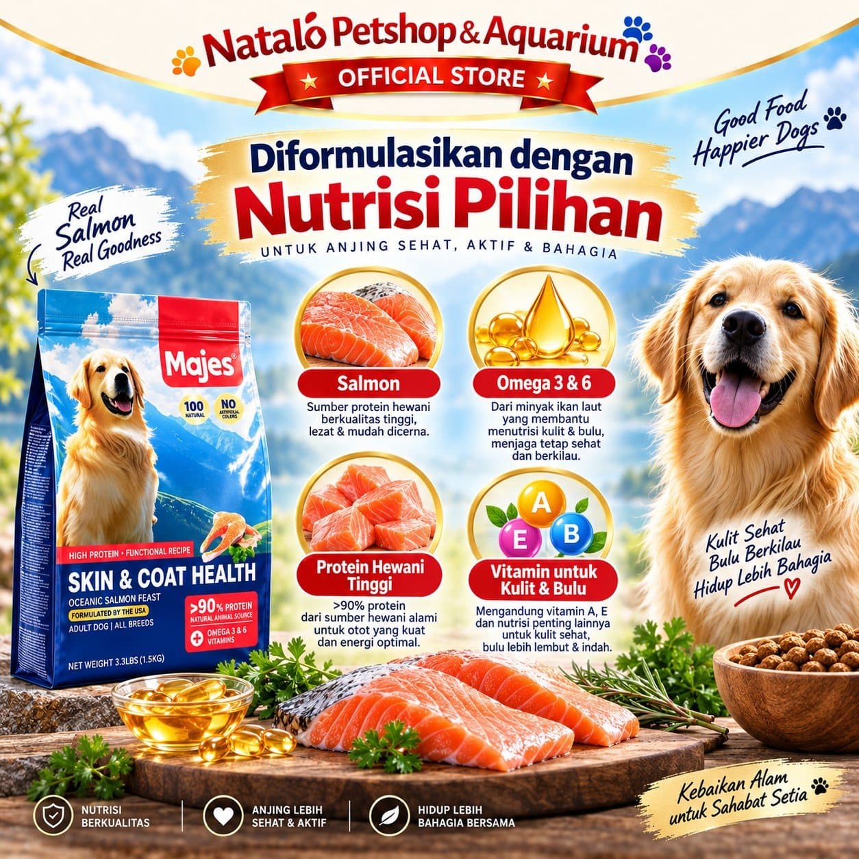 MAJES High Protein Skin & Coat Health Oceanic Salmon Feast Adult Dry Dog Food 500GR / 1.5KG All Breeds - Hair Skin Care - Makanan Kucing Dewasa untuk Kesehatan Bulu dan Kulit 500 GR / 1.5 KG - gambar 4