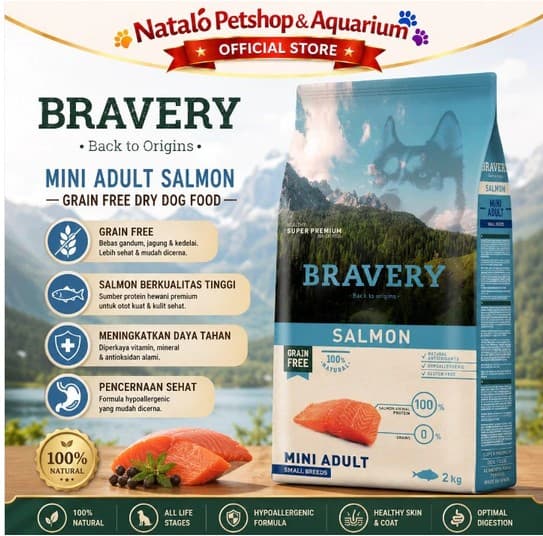 Bravery Mini Adult SALMON 2KG Makanan Anjing Small Breed Super Premium Pelet Food - gambar 1