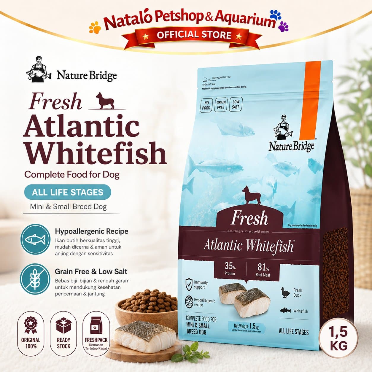 Nature Bridge Fresh Atlantic Whitefish Dog Food 1.5KG All Life Stages Small Breed - Makanan Anjing Semua Umur Ras Kecil Mini Super Premium 1.5 KG - gambar 1