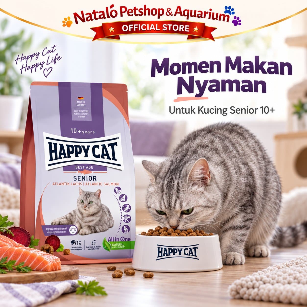 Happy Cat Best Age Senior 10+ Years Atlantic Salmon 1.3KG - Supreme Premium Dry Food 1.3 KG - Makanan Kering Kucing Tua Lansia Berumur Dewasa - gambar 5