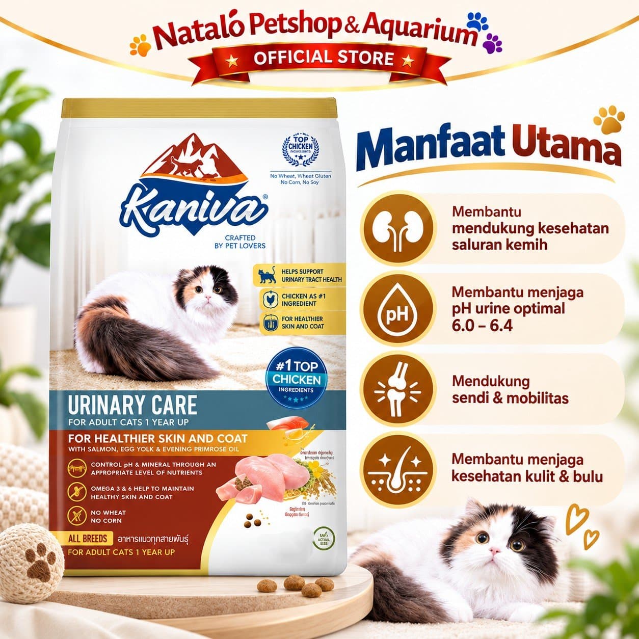 Kaniva Urinary Care Cat 1.3KG Dry Food - Masalah Kantung Kemih Susah Pipis - Holistic Healthy Skin and Coat - Premium Makanan Kucing Kering untuk Segala Usia All Life Stages Adult Kitten Dewasa Anak K - gambar 2