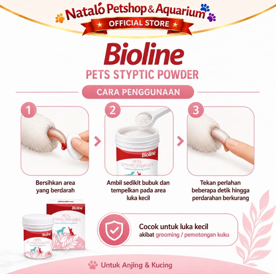 Bioline Pet Styptic Powder 14gr Bubuk Obat Penghenti Stop Darah Hewan Peliharaan Stop Bleeding Blood for Pet Kucing Anjing Kuku Berdarah Luka Cat Dog Kitten Puppy Adult Anak Dewasa - gambar 3
