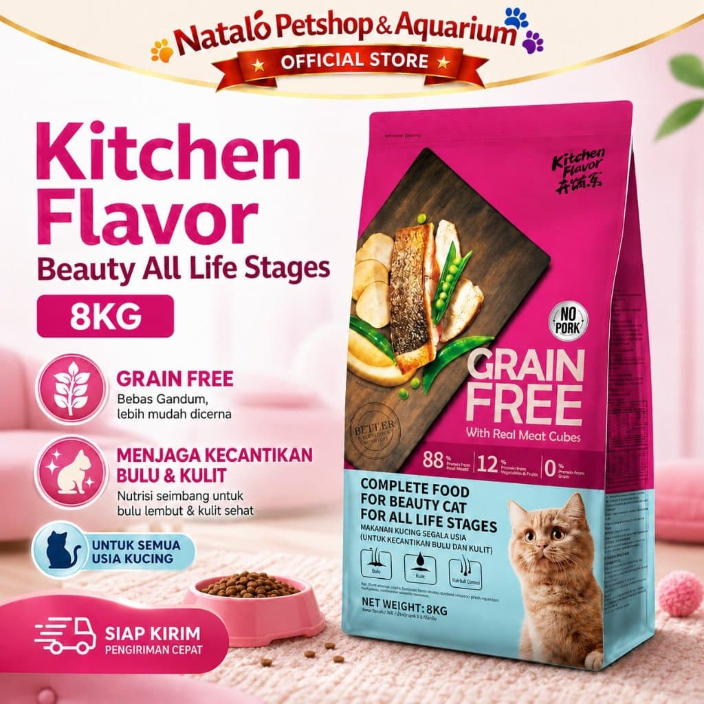 Kitchen Flavor Grain Free Beauty Cat Food 8 KG - Makanan Kucing Semua Umur untuk Kecantikan Bulu dan Kulit Freshpack 8KG - gambar 1