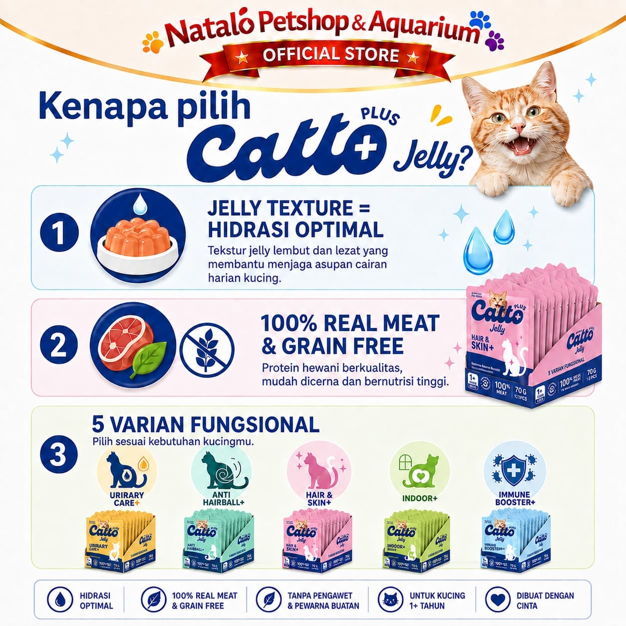 Catto Plus Jelly Anti Hairball / Hair & Skin / Indoor / Immune Booster / Urinary Adult Pouch Wet Food 1 BOX isi (12pcs x 70gr) - Makanan Basah Saset Kucing Dewasa - gambar 2