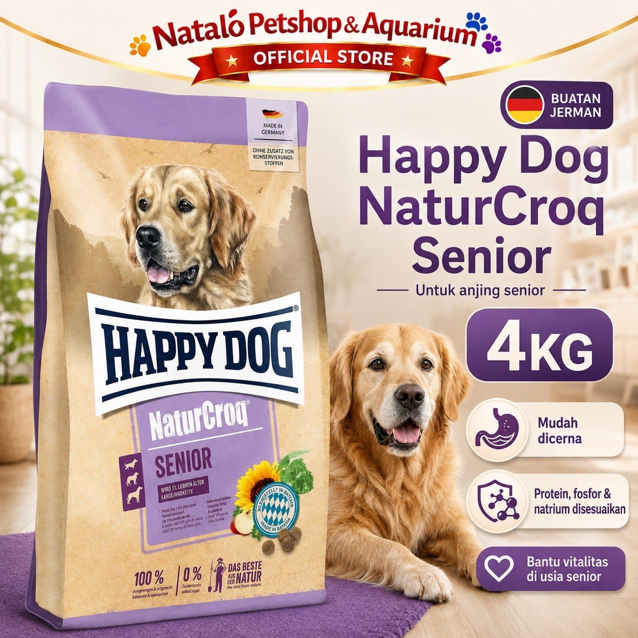 Happy Dog NaturCroq Senior 4KG Medium Large Breed Dog Food - Makanan Anjing Tua / Berumur Ras Besar 4 KG - gambar 1