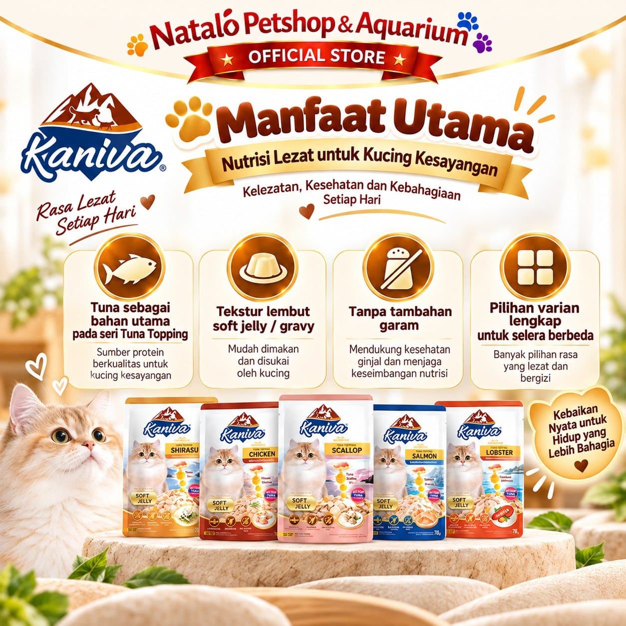 Kaniva Pouch 70GR Premium Wet Cat Food - Daging Makanan Basah Kucing Saset Sachet 70 GR Tuna Chicken Indoor Lobster Gravy Jelly Shrimp Shirasu Scallop Katsuobushi - gambar 4