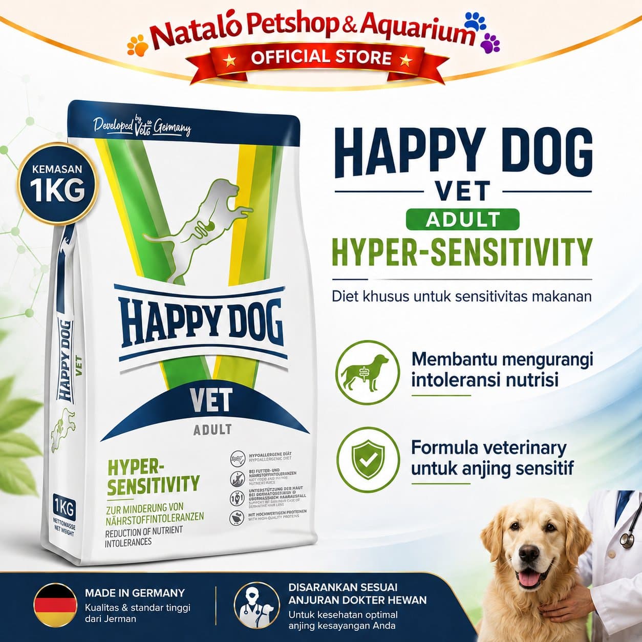 Happy Dog Vet Hyper-Sensitivity Hypersensitivity 1 KG - Makanan Anjing Dewasa untuk Kulit Sensitif / Alergi 1KG - gambar 1