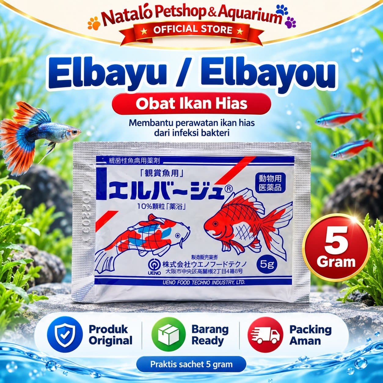 Elbayu / Elbayou 5 GR - Obat Perawatan / Karantina Ikan Hias Jepang Koi Koki Ikan Tawar 5 GRAM - gambar 1