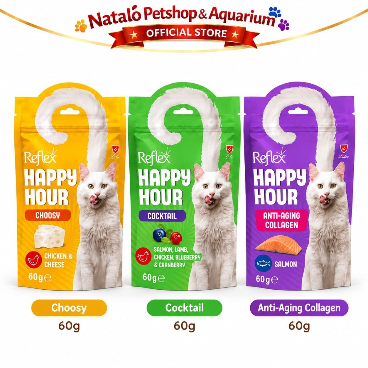 Reflex Happy Hour Cat Treat 60G 3 Varian - Snack Kucing Dewasa Choosy Chicken Cheese Cocktail Anti Aging Collagen Salmon - gambar 6