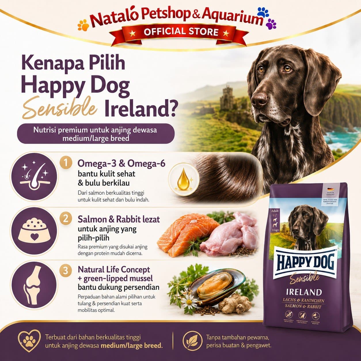 Happy Dog Sensible Ireland 11KG Medium Large Breed Adult Dog Food Salmon & Rabbit - Makanan Anjing Dewasa Irland Ras Besar Super Premium 11 KG - gambar 2