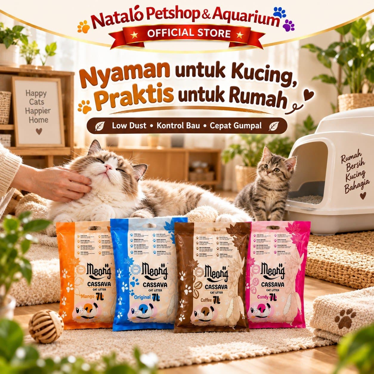 Meong Cassava Cat Litter 7L Pasir Kucing Singkong Organik Cepat Gumpal Low Dust Kontrol Bau Wangi Original Coffee Mango Candy - gambar 4