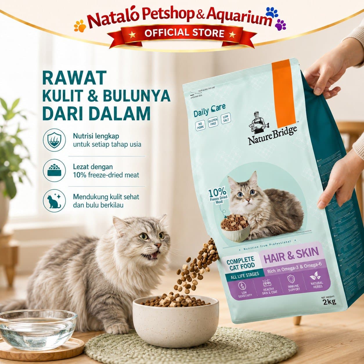 Nature Bridge Hair & Skin 2KG Daily Care - Makanan Kering Kucing Dry Cat Food Super Premium Fresh Pack 2 KG NB - gambar 5