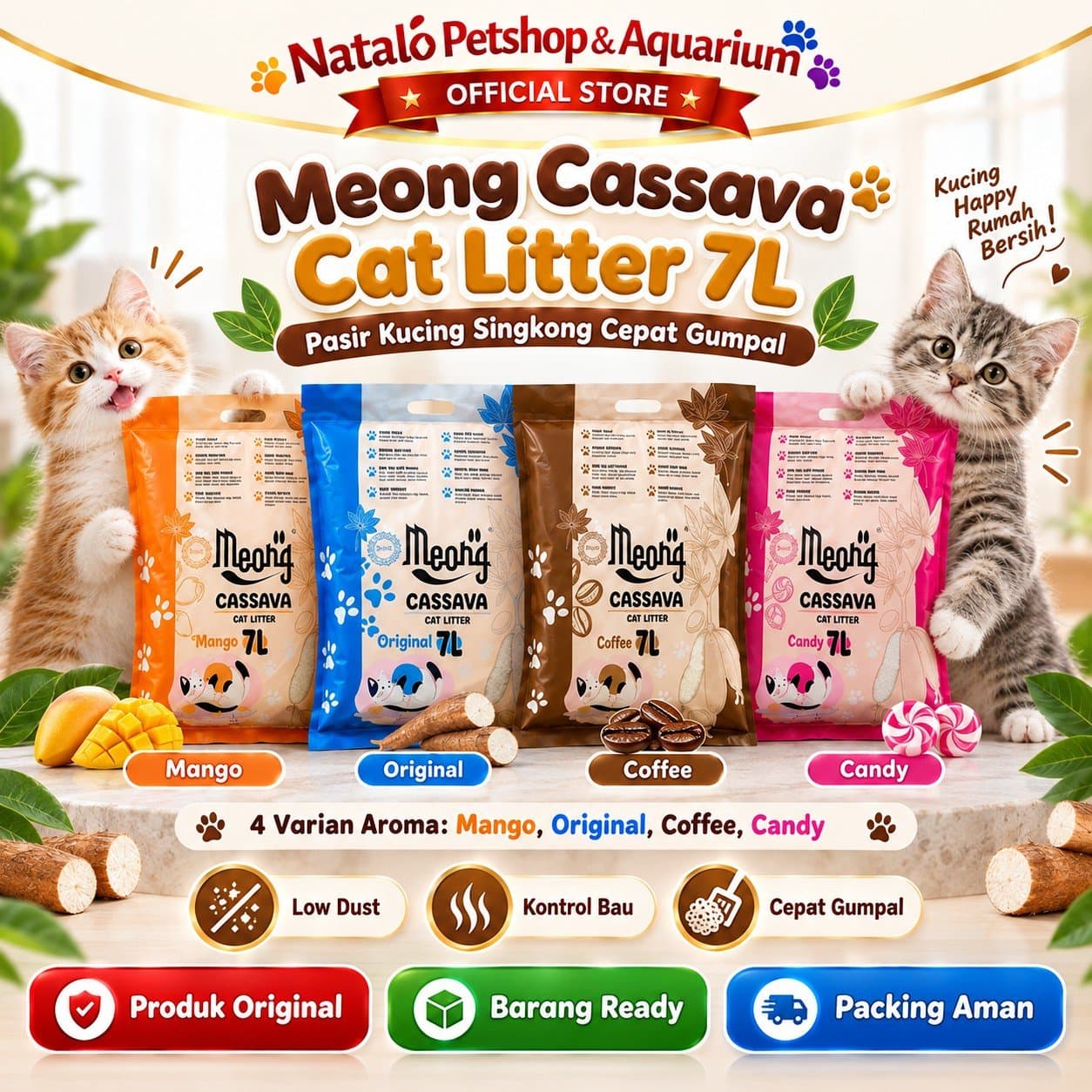 Meong Cassava Cat Litter 7L Pasir Kucing Singkong Organik Cepat Gumpal Low Dust Kontrol Bau Wangi Original Coffee Mango Candy - gambar 1
