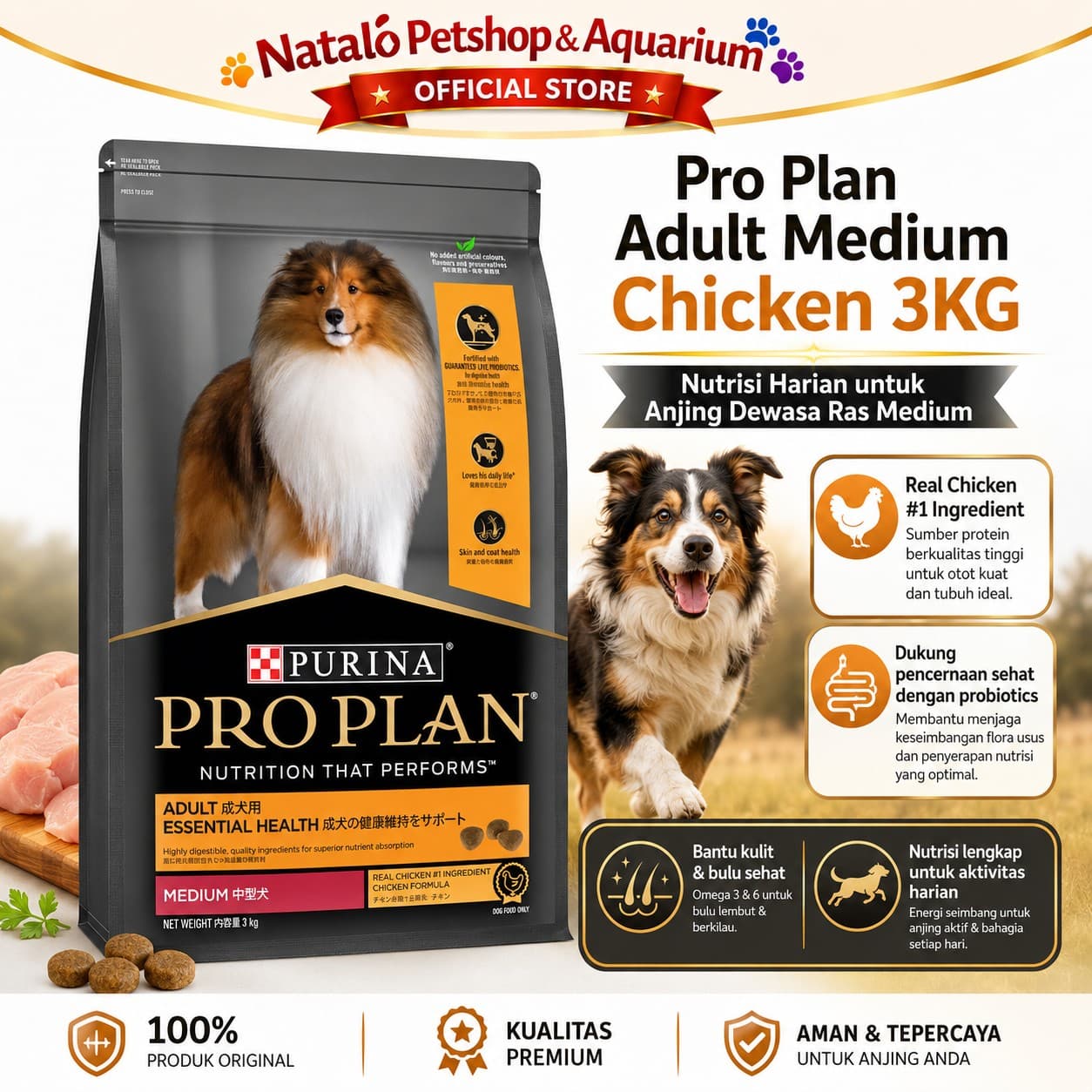 Pro Plan Dog Adult Dog Food Medium Chicken 3KG - Makanan Anjing Dewasa Sedang PROPLAN - gambar 1