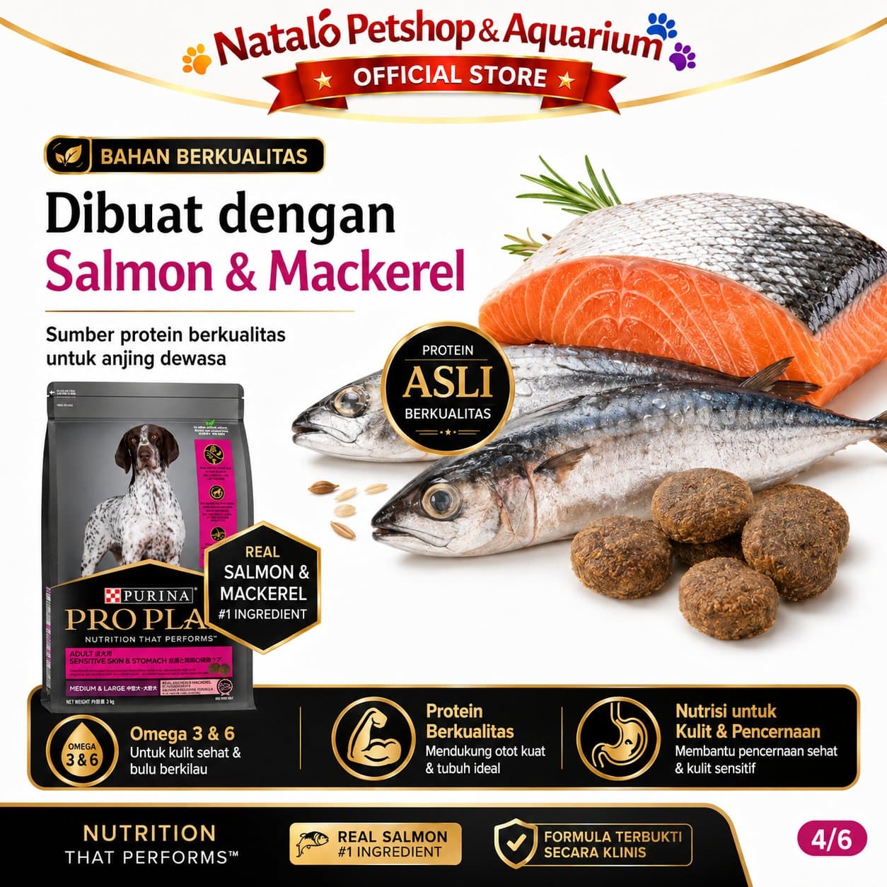 PRO PLAN Sensitive Skin Stomach 3KG Medium & Large Breed Adult Dog Food / Salmon & Mackerel Formula - Makanan Anjing Dewasa PROPLAN Ras Sedang Besar untuk Kulit dan Pencernaan 3 KG - gambar 4