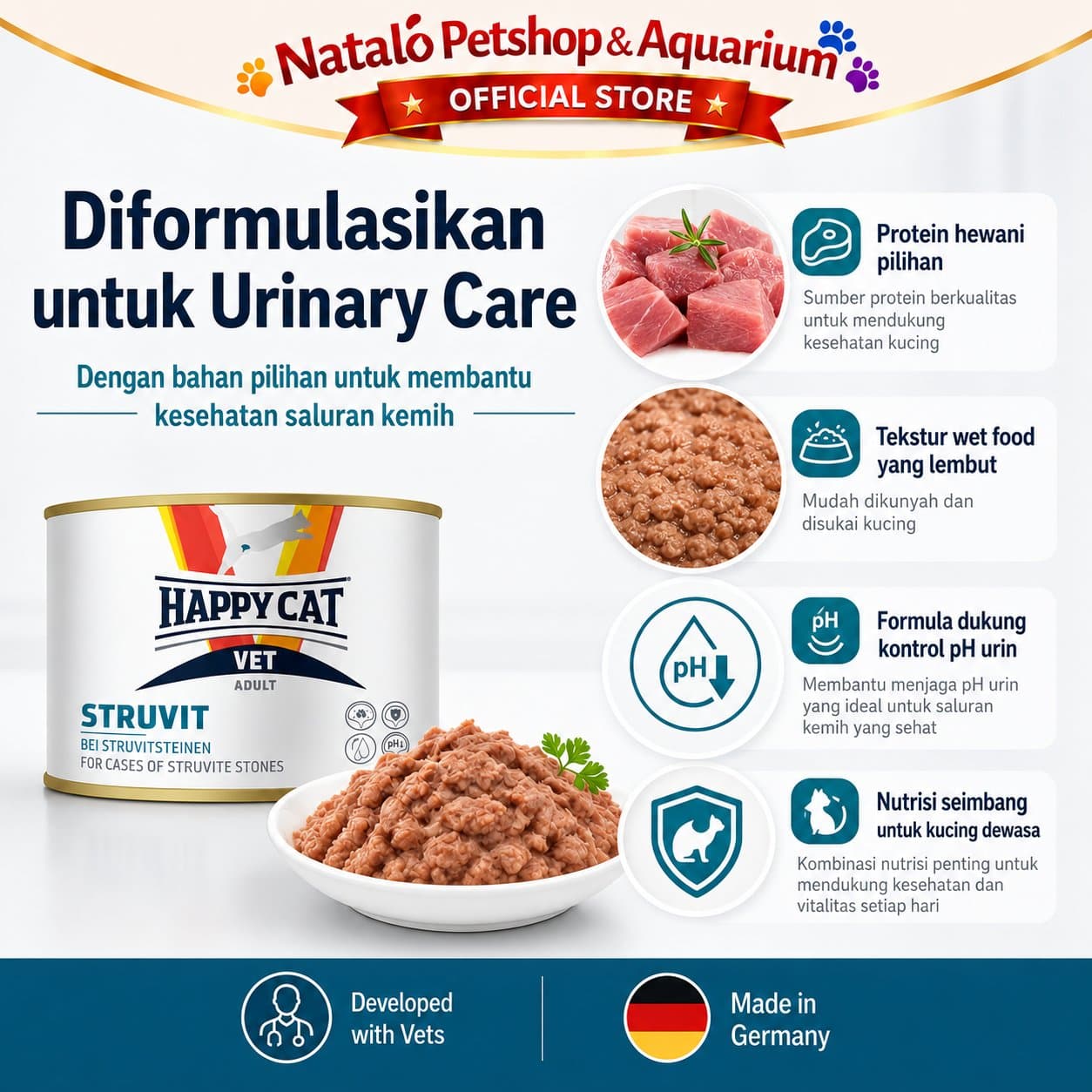 Happy Cat Vet Kaleng Urinary S/O Struvit 200 GR - Makanan Basah Kucing untuk Pengobatan Saluran Kencing Kemih 200GR - gambar 4