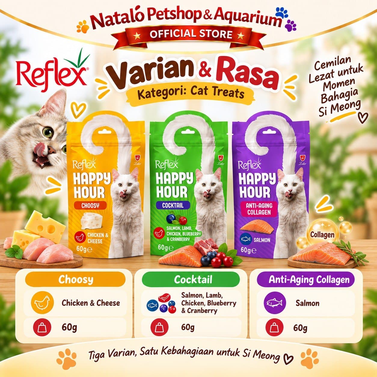 Reflex Happy Hour Cat Treat 60G 3 Varian - Snack Kucing Dewasa Choosy Chicken Cheese Cocktail Anti Aging Collagen Salmon - gambar 4
