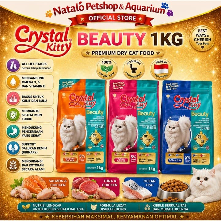 Crystal Kitty Beauty 1KG - Tuna Chicken / Salmon Chicken / Ocean Fish - All Life Stages - Makanan Kucing Premium Semua Umur 1 KG Hair Skin Urinary Support - gambar 1