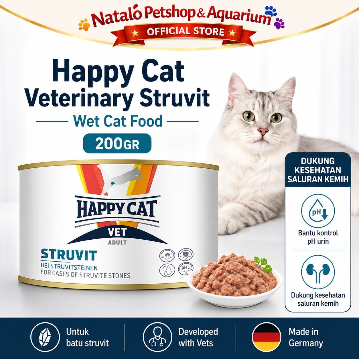 Happy Cat Vet Kaleng Urinary S/O Struvit 200 GR - Makanan Basah Kucing untuk Pengobatan Saluran Kencing Kemih 200GR - gambar 1