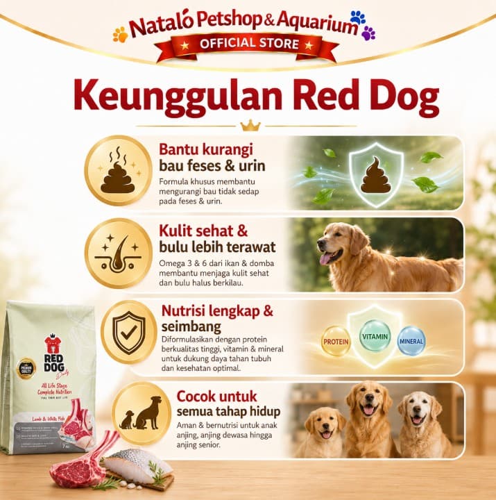 Red Dog 7KG Lamb & White Fish All Life Stages Complete Nutrition Dry Food Reddog 7 KG All Life Stages and Breed Small Medium Large Puppy Adult Segala Usia dan Ras - gambar 2