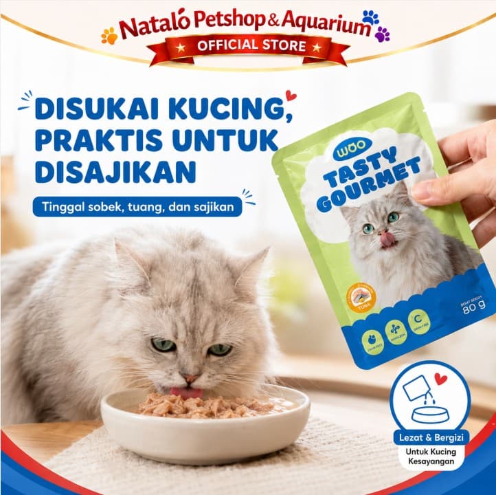 Woo Tasty Gourmet Cat Pouch 80GR Makanan Basah Kucing Rasa Salmon / Tuna / Mackerel 80 GR Wet Food Saset Sachet Daging Majes - gambar 5