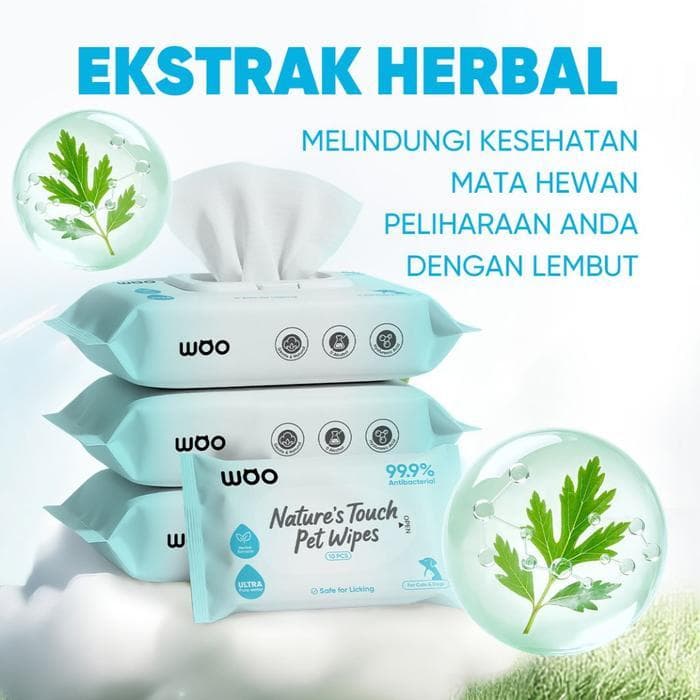 Woo Nature's Touch Pet Wet Wipes - Tissue Tisu Basah Tanpa Alkohol untuk Membersihkan Hewan Kucing dan Anjing 80 Lembar
