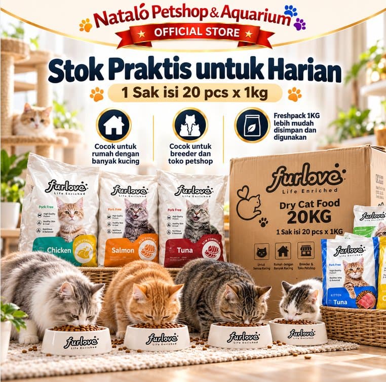 Furlove Dry Cat Food 20KG 1 Sak Isi 20pcs x 1KG Makanan Kucing Kering Adult Kitten Tuna Salmon Chicken Freshpack - gambar 5