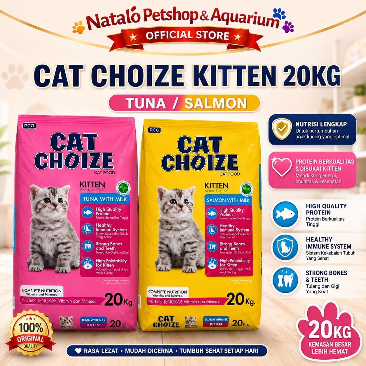 Cat Choize Kitten Cat Food Tuna / Salmon 20KG - Makanan Anak Kucing Goni Sak Ekonomis Murah Hemat 20 KG - gambar 1