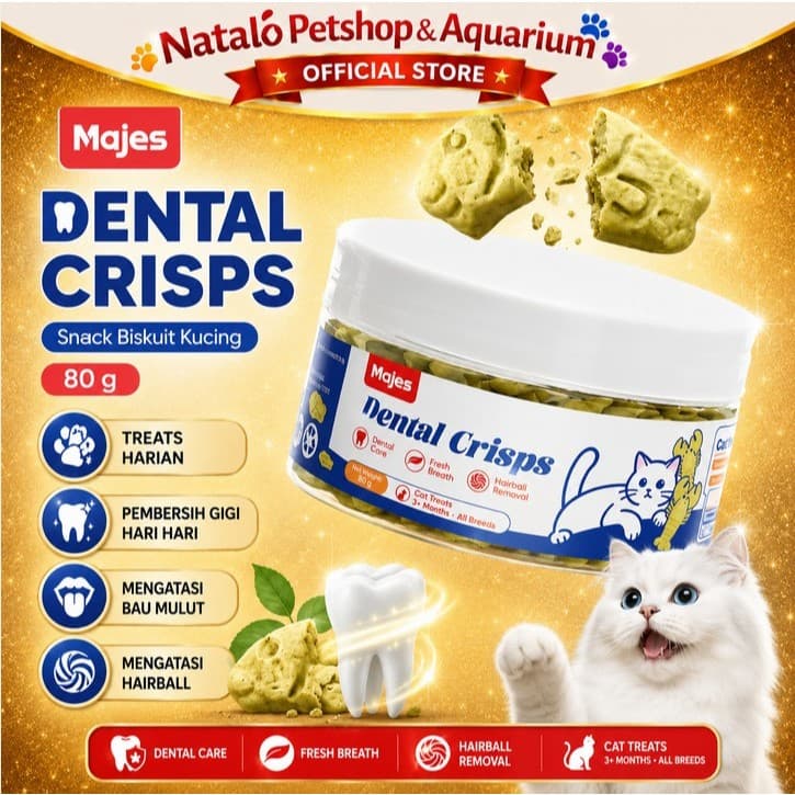 Majes Dental Crisps 80GR / Snack Biskuit untuk Kucing Kesehatan Gigi Cemilan Treats / Dental Biscuit for Cat Sehat / All Life Stages Kitten and Adult & Treat anti Hairball Mencegah Bau Mulut / Anak Dewasa - gambar 1