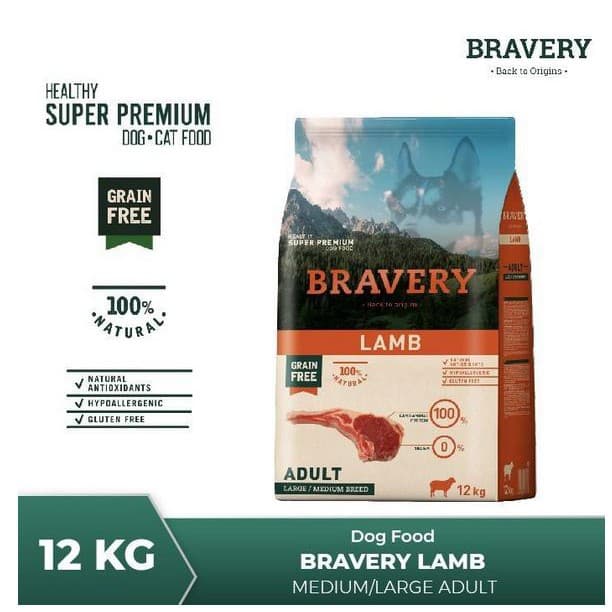 Bravery Medium/Large Adult Dog LAMB 12KG Makanan Anjing Super Premium Pelet - gambar 2