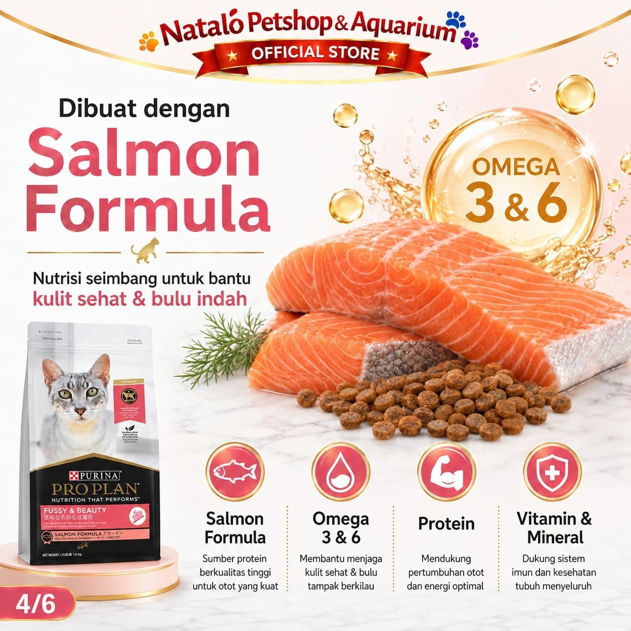 PRO PLAN Fussy & Beauty Salmon Formula Adult Cat Food 1.5 KG - Makanan Kucing Dewasa PROPLAN untuk Perawatan Kecantikan Bulu 1.5KG - gambar 4