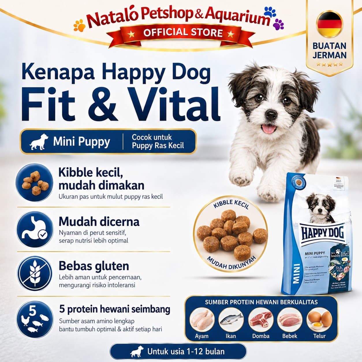 Happy Dog Mini Puppy Fit & Vital 800GR Small Breed Dog Food - Makanan Anak Anjing Ras Kecil Mini Super Premium 800 GR - gambar 2