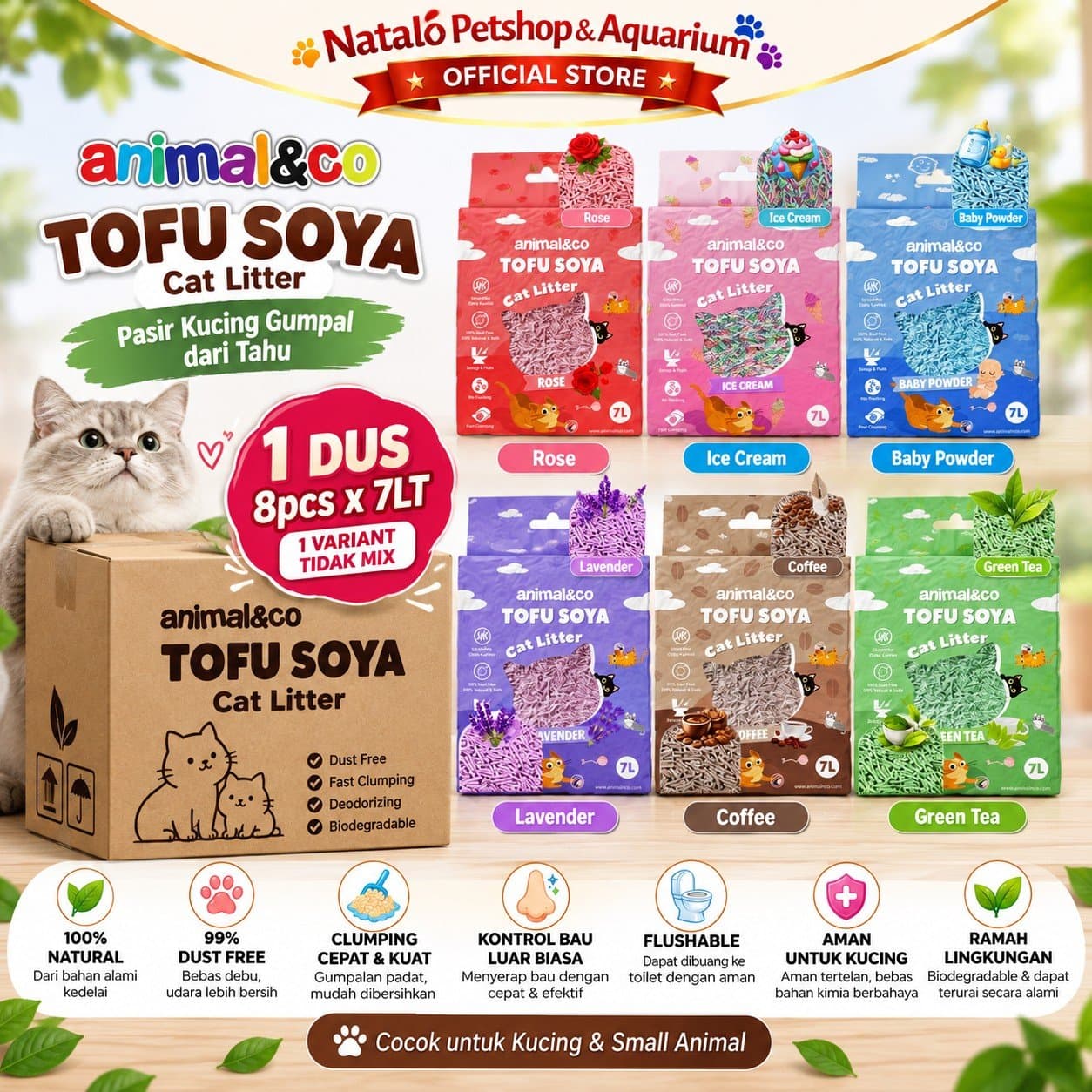 Animal&Co Tofu Soya 1 DUS isi (8pcs x 7LT) Pasir Kucing Gumpal Cat Litter 7 Liter L / Animal n Co Wangi Bersih Ramah Lingkungan BOX Grosir Murah