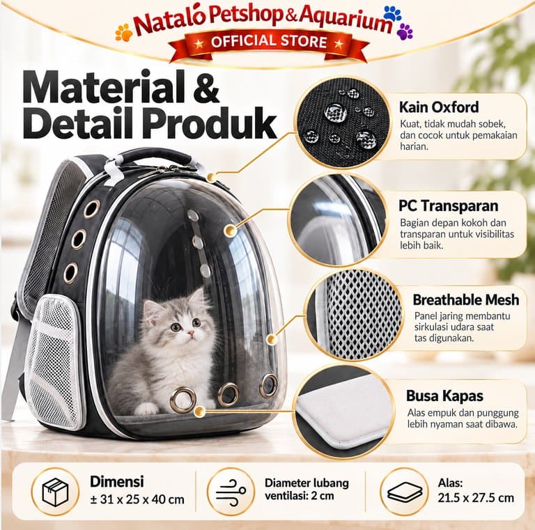 Tas Astronot Hitam untuk Hewan Peliharaan 31x25x40cm Backpack Carrier Transparan Breathable Pet Cargo Traveling - gambar 4