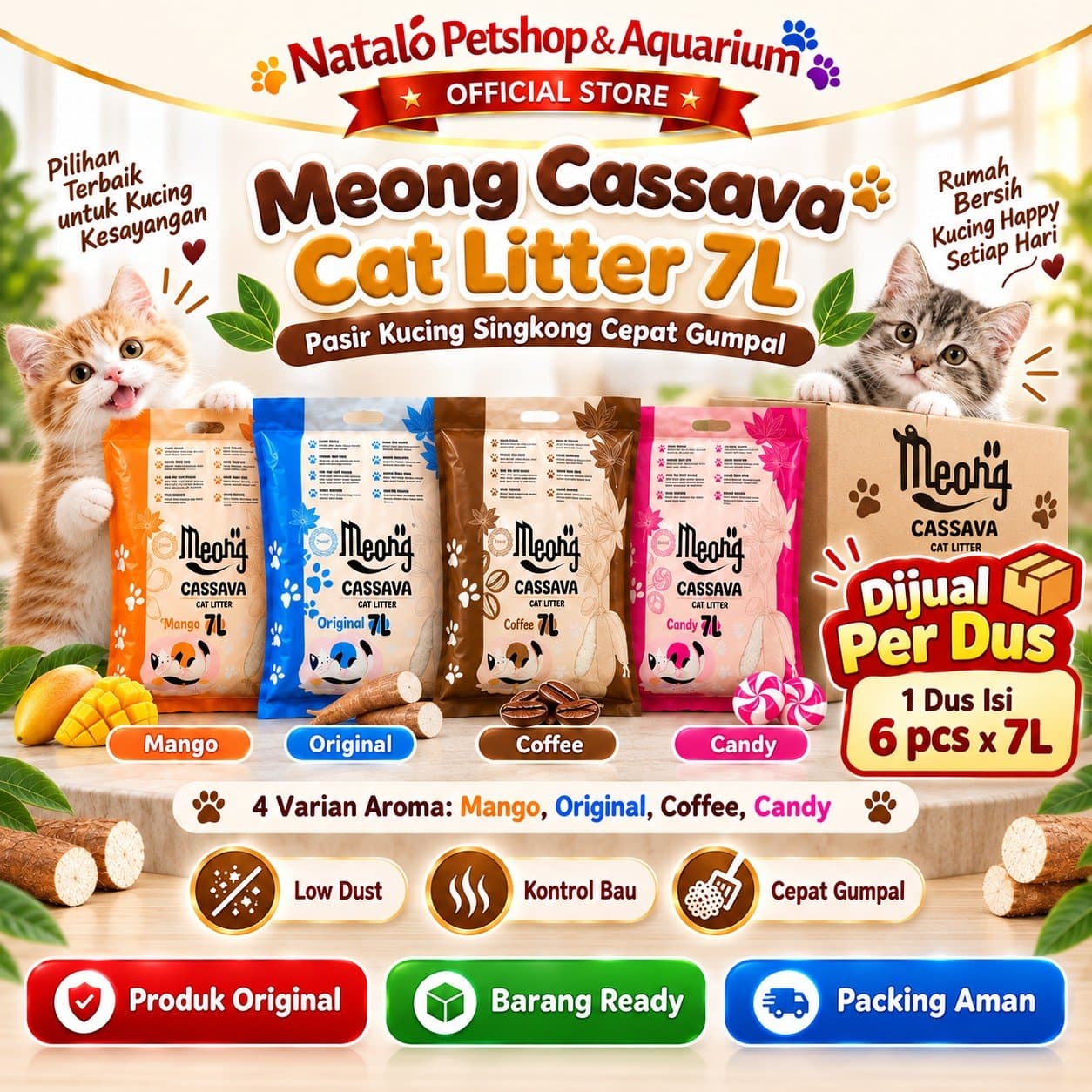 Meong Cassava Cat Litter 1 DUS (6pcs x 7LT) Pasir Kucing 7 L Singkong Organik Cepat Gumpal Low Dust Kontrol Bau Wangi Original Coffee Mango Candy