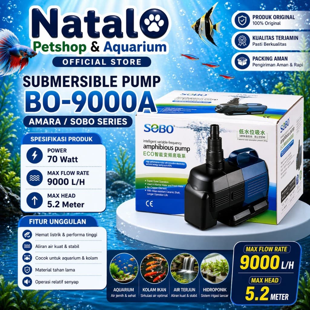 AMARA / SOBO BO-9000A Amphibious Pump - Mesin Pompa Kolam Aquarium Hidroponik Amphibi BO 9000A - gambar 1