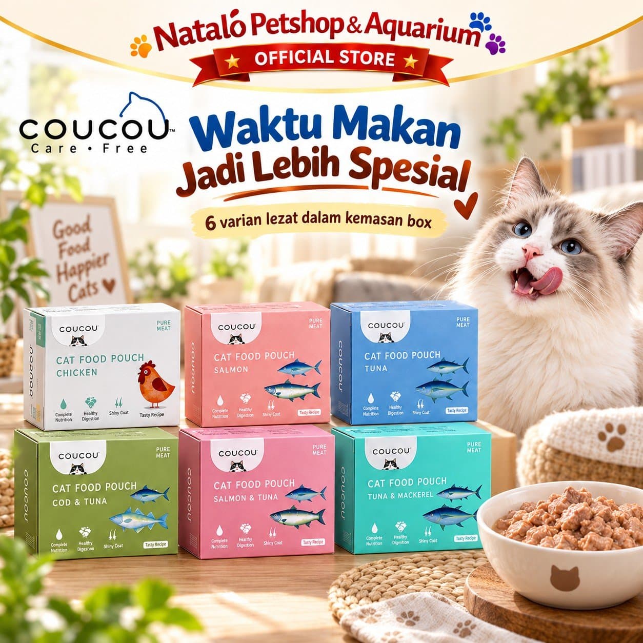 COUCOU Pouch Wet Cat food 1 BOX isi (12pcs x 85gr) All Life Stages - Makanan Basah Saset Kucing COU COU Semua Tahap Usia - gambar 5
