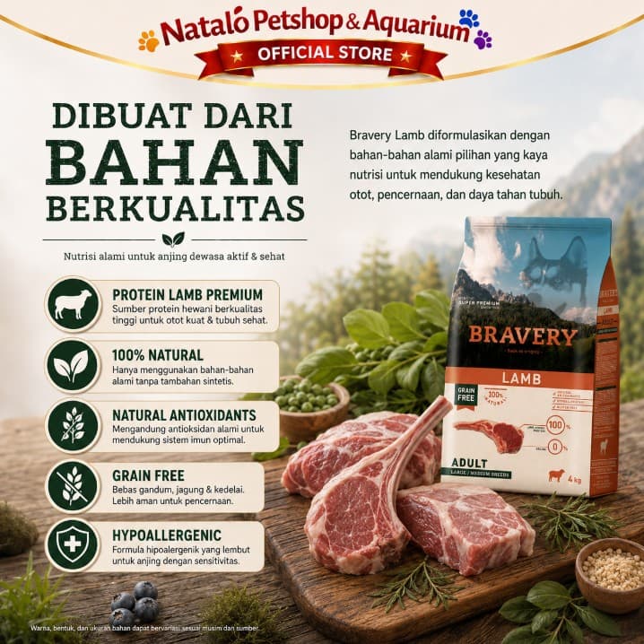 Bravery Medium / Large Adult Dog LAMB 4KG Makanan Anjing Super Premium Pelet Food 4 kg - gambar 4