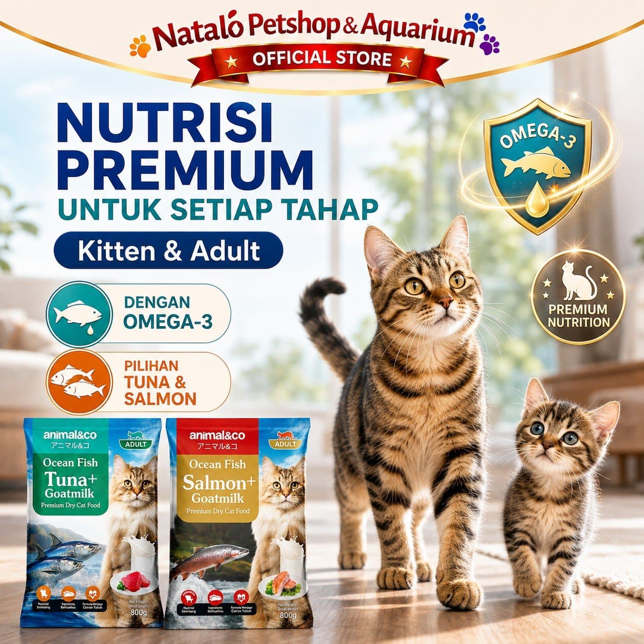 Animal&Co Kitten & Adult Dry Cat Food 20KG (800gr x 25pack) - Makanan Kering Kucing Anak Dewasa 20 KG - gambar 2