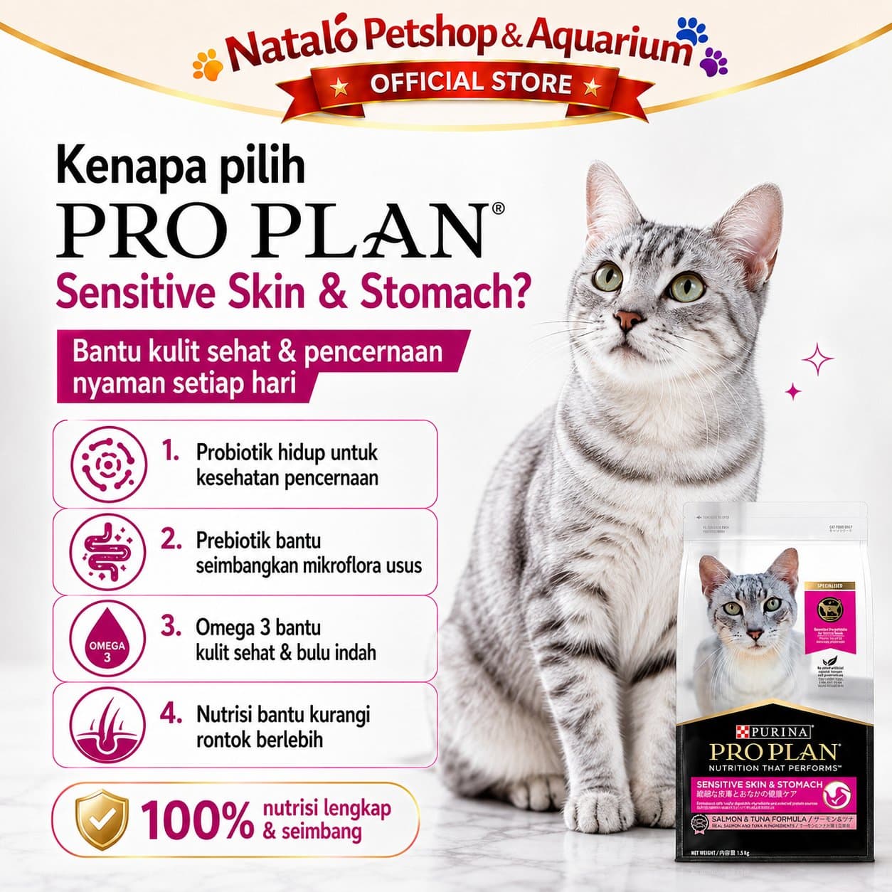 PRO PLAN Sensitive Skin & Stomach 1.5KG - Makanan Kucing Dewasa untuk Kulit dan Pencernaan Sensitif 1.5KG PROPLAN - gambar 2