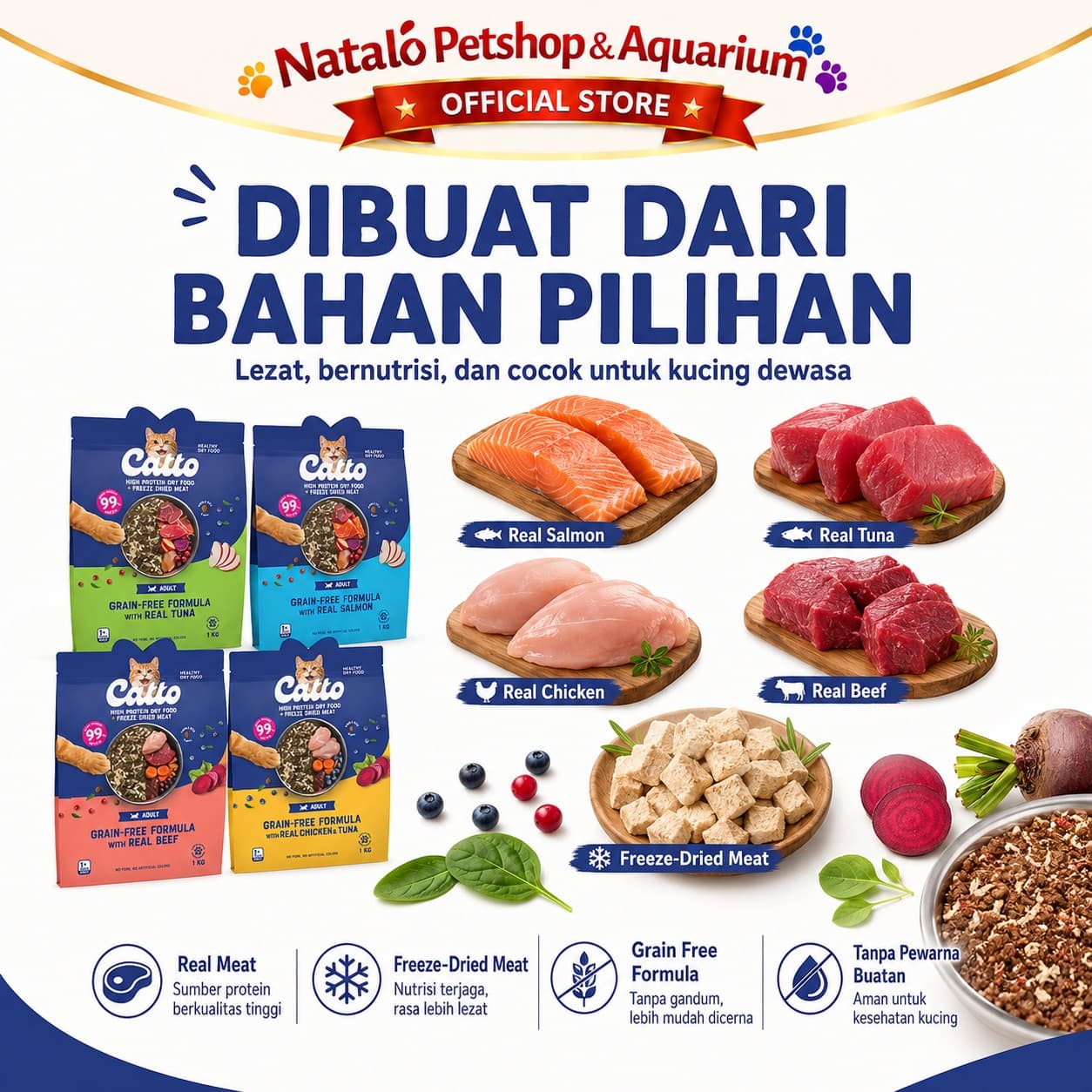 Catto High Protein Dry Adult Cat Food + Freeze Dried Meat Grain Free Formula 1KG - Makanan Kering Kucing Dewasa Premium 1 KG - gambar 5