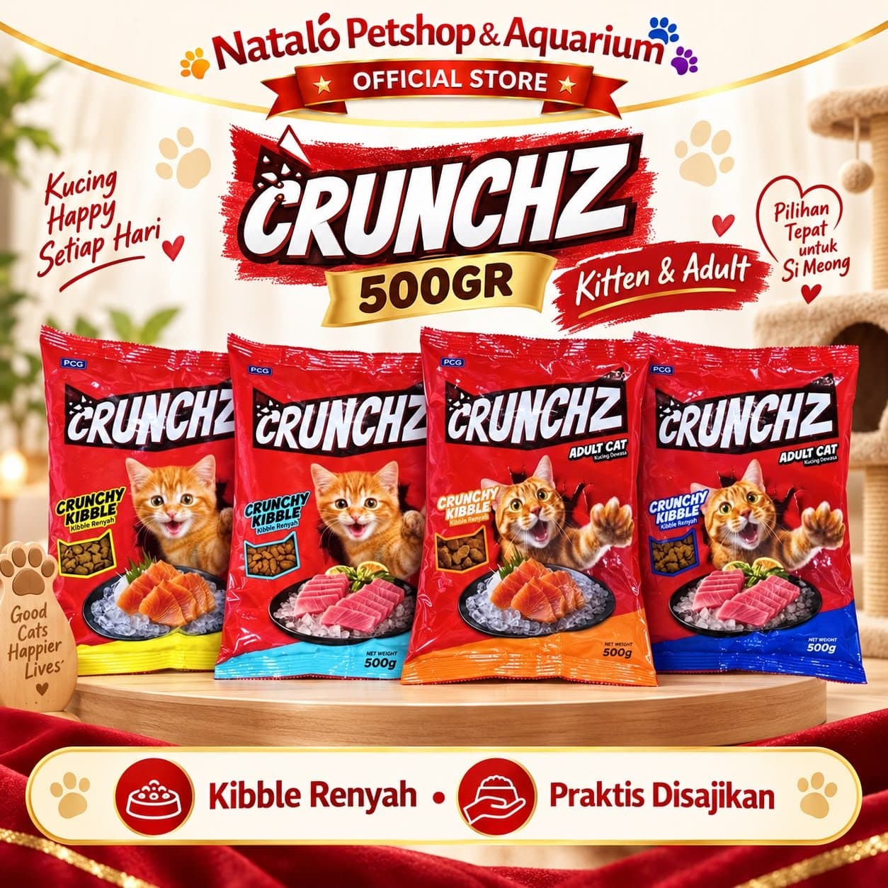 CRUNCHZ 500GR Dry Adult & Kitten Cat Food 500 GR Makananan Kucing Kering Dewasa Anak Murah Salmon Tuna Crunch Kibble Pelet Pakan Stray - gambar 1