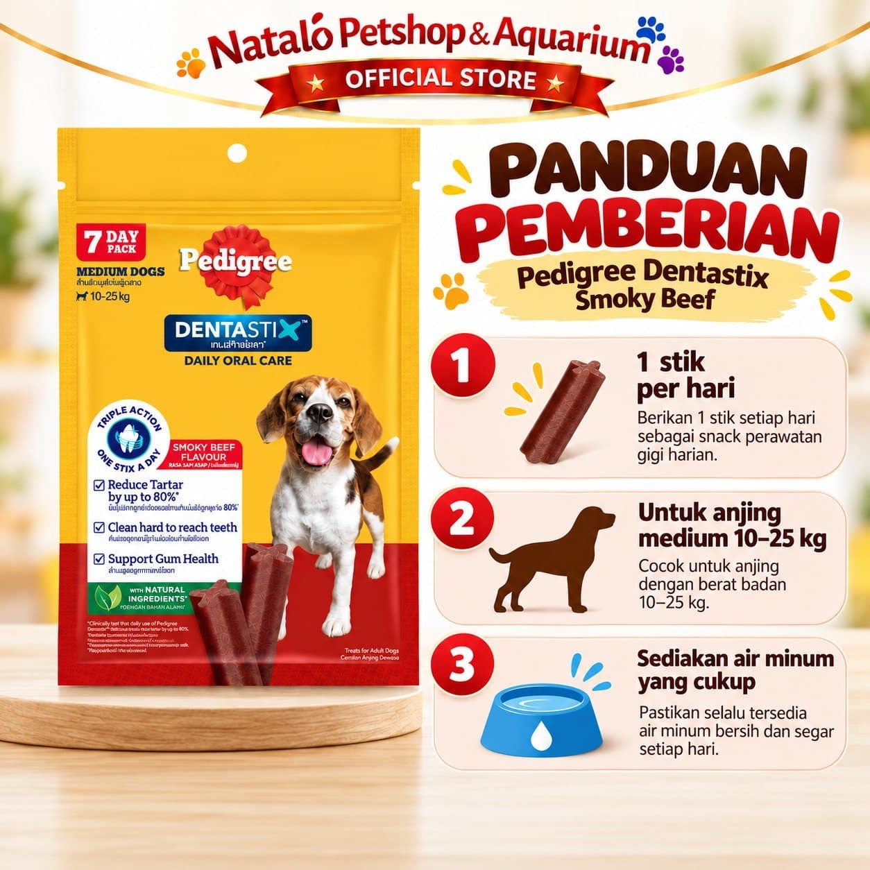 Pedigree Dentastix Smoky Beef Medium 172g Isi 7 Stik - Snack Anjing Dewasa 10-25kg Dental Stick Pembersih Gigi Rasa Sapi Asap Camilan Perawatan Gigi Harian - gambar 3