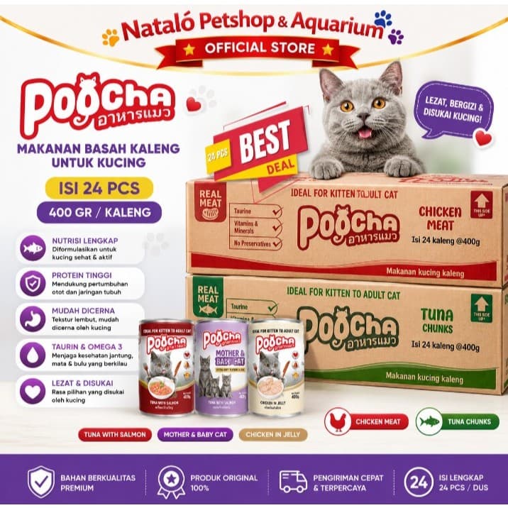 POOCHA Kaleng 400GR per 1 DUS ISI 24 PCS - Makanan Basah Kucing / Canned Wet Cat Food 400 GR All Life Stages Segala Semua Usia Umur - gambar 8