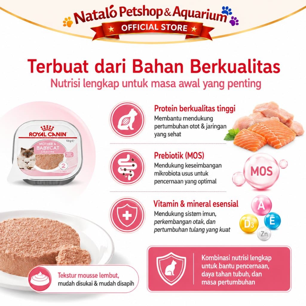 Royal Canin Mother & Babycat Mousse Wet Food 1 BOX isi (24pcs X 100gr) Baby Cat - Makanan Basah Ibu dan Anak Kucing - gambar 4