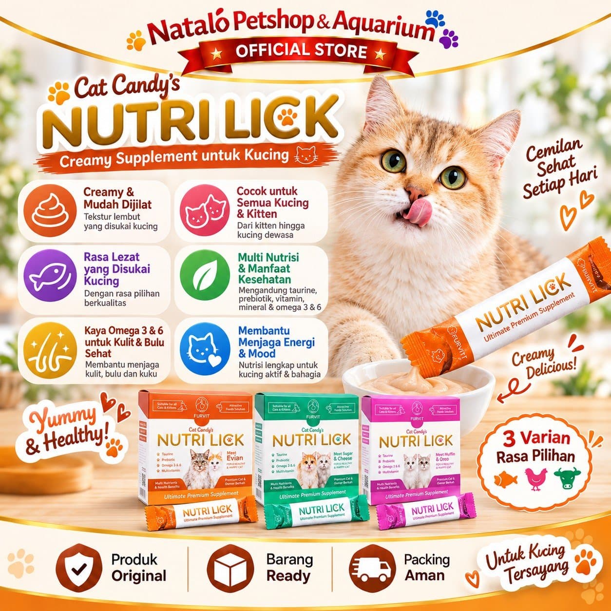 NUTRI LICK Cat Candy - Creamy Suplemen Kucing Premium 1 BOX isi (20pcs x 5gr) - gambar 2