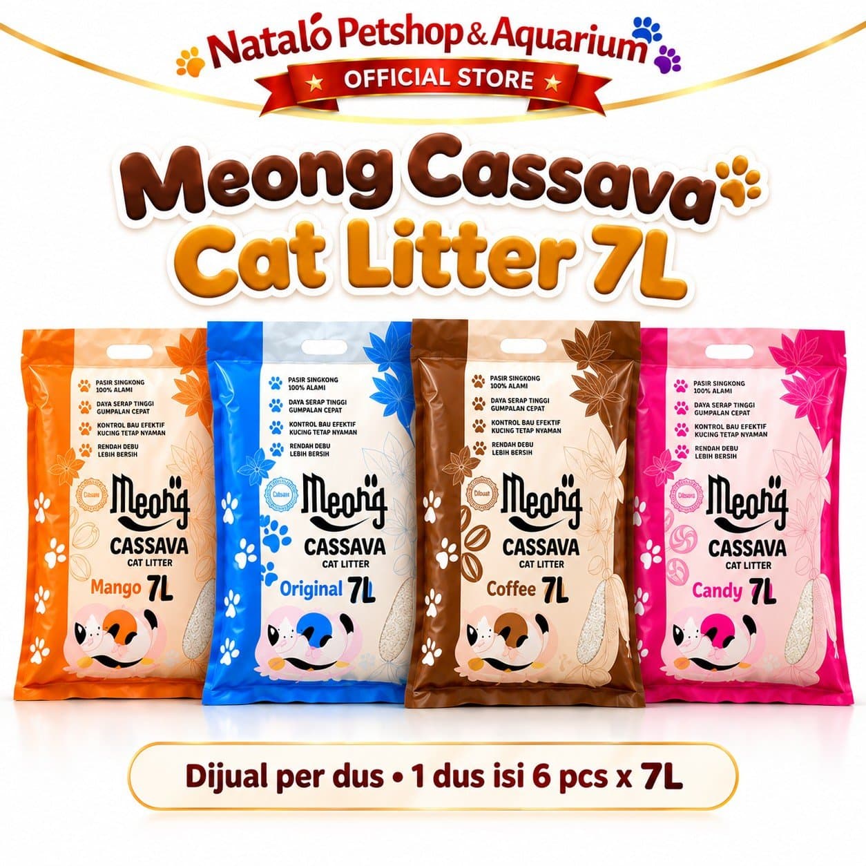 Meong Cassava Cat Litter 1 DUS (6pcs x 7LT) Pasir Kucing 7 L Singkong Organik Cepat Gumpal Low Dust Kontrol Bau Wangi Original Coffee Mango Candy - gambar 6