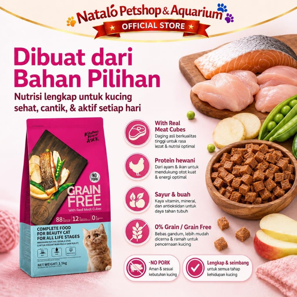 Kitchen Flavor Grain Free Beauty Cat Food 8 KG - Makanan Kucing Semua Umur untuk Kecantikan Bulu dan Kulit Freshpack 8KG - gambar 4